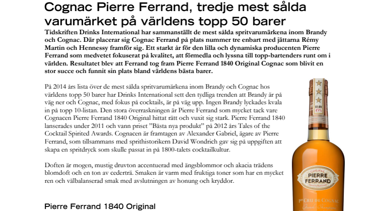 Cognac Pierre Ferrand, tredje mest sålda varumärket på världens topp 50 barer