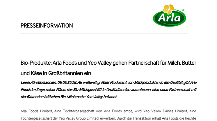 Bio-Produkte: Arla Foods und Yeo Valley gehen Partnerschaft für Milch, Butter und Käse in Großbritannien ein 
