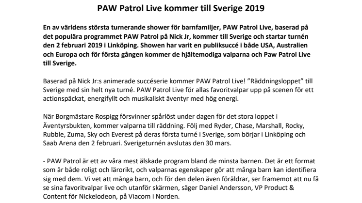 PAW Patrol Live kommer till Sverige 2019
