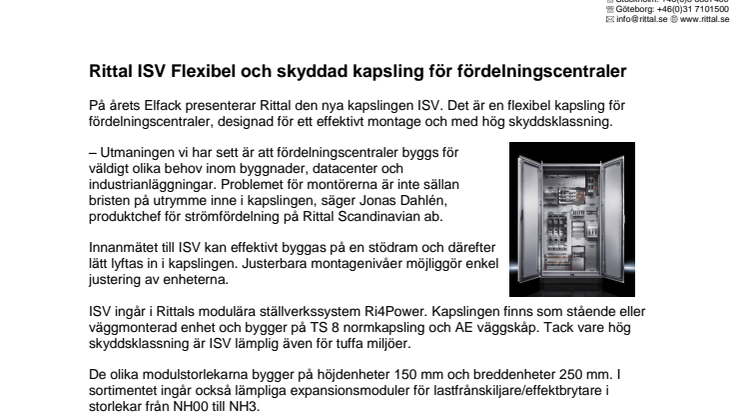 Rittal ISV Flexibel och skyddad kapsling för fördelningscentraler