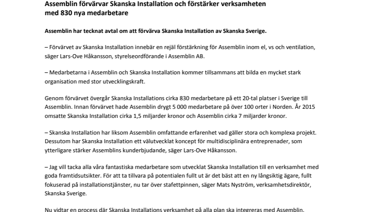 Assemblin förvärvar Skanska Installation och förstärker verksamheten med 830 nya medarbetare
