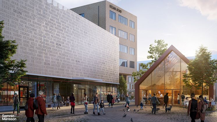 Den 29 augusti inleds den tre dagar långa invigningsfesten av nya Selma Lagerlöfs Torg. Vy över handelshuset samt Fiskhuset. Bild: Semrén+Månsson Arkitekter.