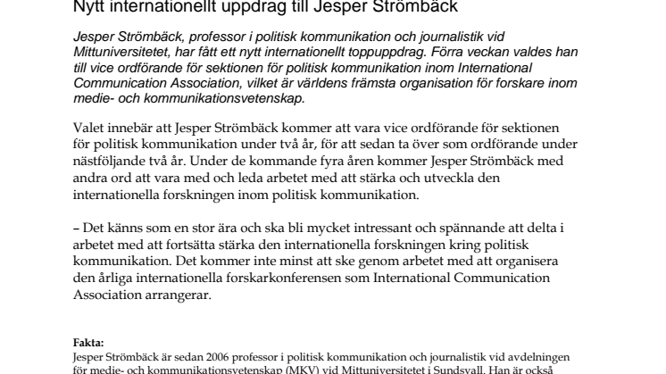 Nytt internationellt uppdrag till Jesper Strömbäck 