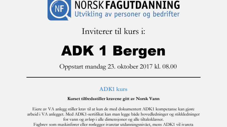 Invitasjon til ADK 1 Kurs i Bergen - oppstart 23 oktober 2017