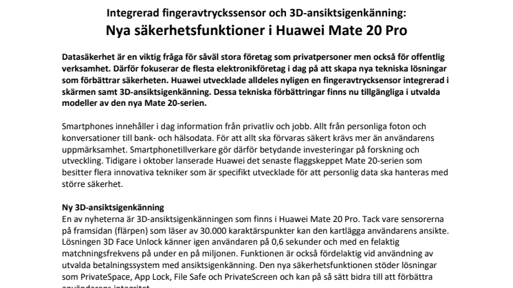 Integrerad fingeravtryckssensor och 3D-ansiktsigenkänning: Nya säkerhetsfunktioner i Huawei Mate 20 Pro