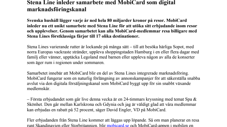 Stena Line inleder samarbete med MobiCard som digital marknadsföringskanal