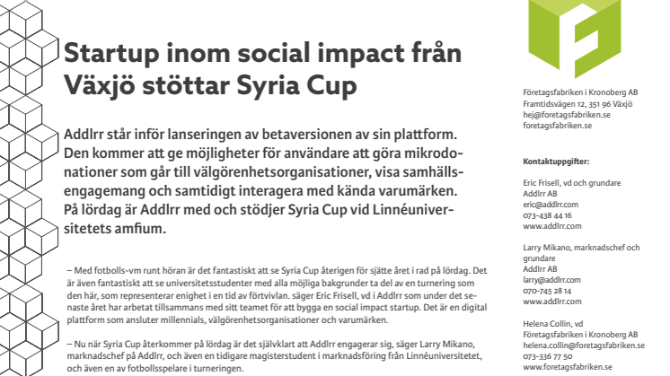 Startup inom social impact från Växjö stöttar Syria Cup