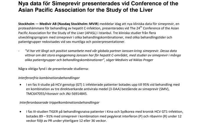 Nya data för Simeprevir presenterades vid Conference of the Asian Pacific Association for the Study of the Liver 