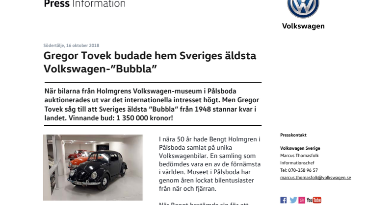 Gregor Tovek budade hem Sveriges äldsta Volkswagen-”Bubbla”