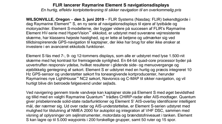 FLIR lancerer Raymarine Element S navigationsdisplays