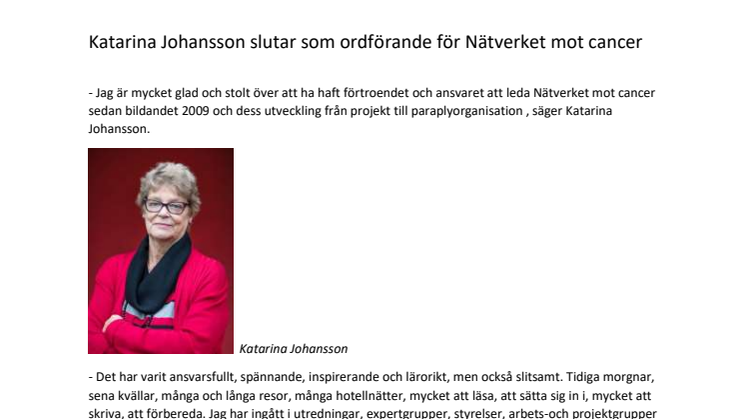 Katarina Johansson slutar som ordförande för Nätverket mot cancer
