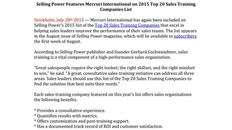 Selling Power Features Mercuri International on 2015 Top 20 Sales Training Companies List