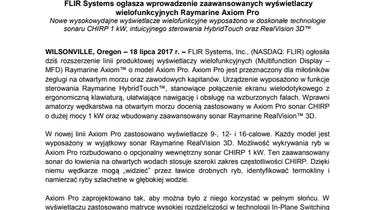 Raymarine: FLIR Systems ogłasza wprowadzenie zaawansowanych wyświetlaczy wielofunkcyjnych Raymarine Axiom Pro 