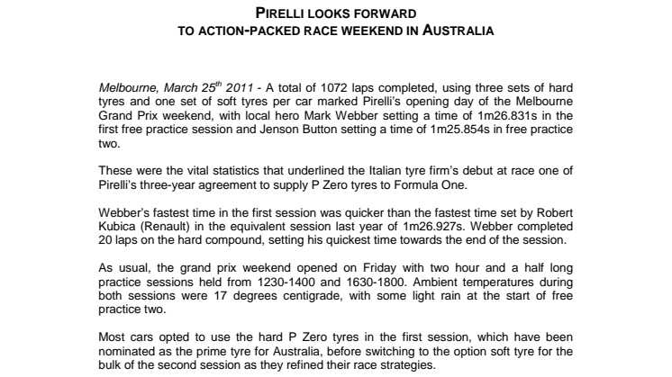 Pirelli i Formel 1, pressrelease efter friträning Australiens GP 2011