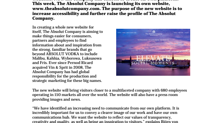 The company behind ABSOLUT VODKA launches its own website