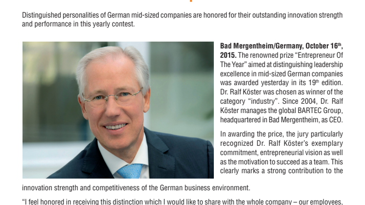 BARTEC CEO Honored as “Entrepreneur Of The Year 2015”