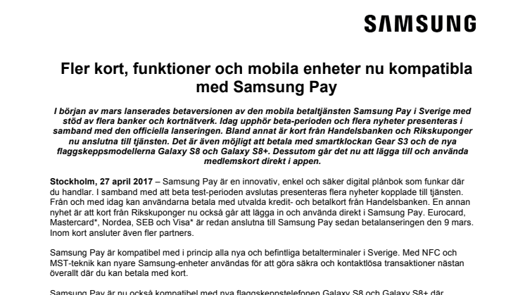 Fler kort, funktioner och mobila enheter nu kompatibla med Samsung Pay