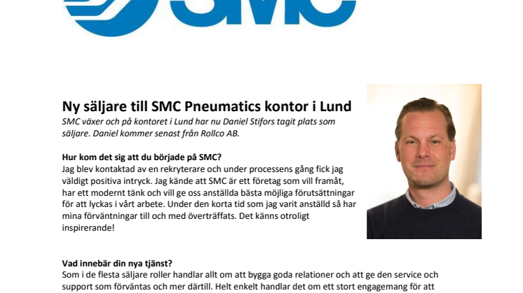 Daniel Stifors till SMC Pneumatics kontor i Lund