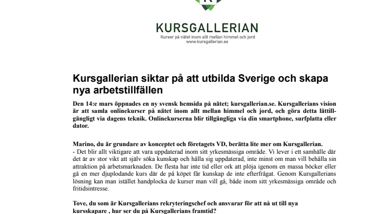 Kursgallerian siktar på att utbilda Sverige och skapa nya arbetstillfällen 