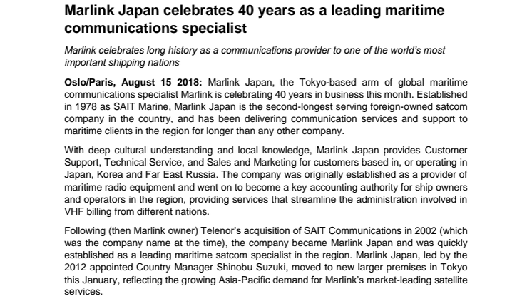 Marlink Japan celebrates 40 years as a leading maritime communications specialist 