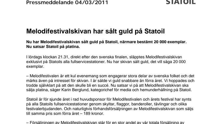 Melodifestivalskivan har sålt guld på Statoil