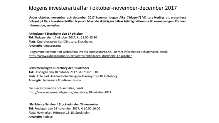 Idogens investerarträffar i oktober-november-december 2017
