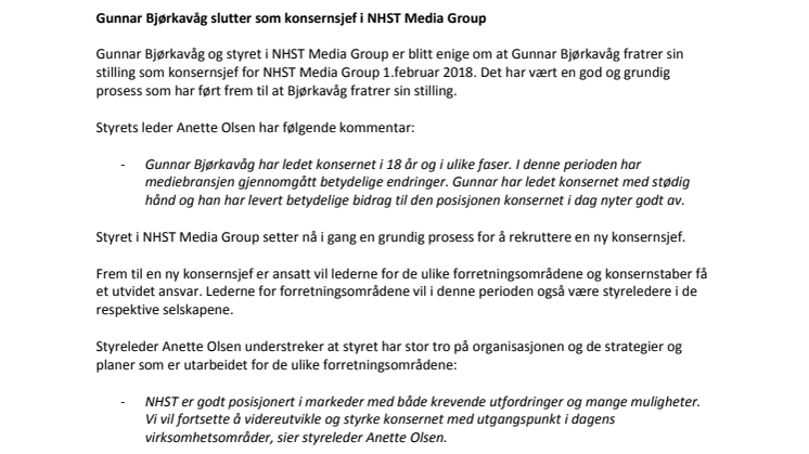 Gunnar Bjørkavåg slutter som konsernsjef i NHST Media Group