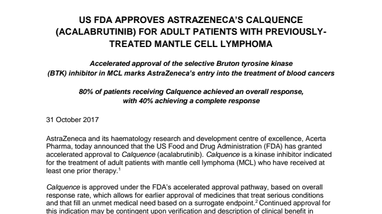FDA godkänner AstraZenecas Calquence (acalabrutinib) för vuxna patienter med tidigare behandlad mantelcellslymfom 