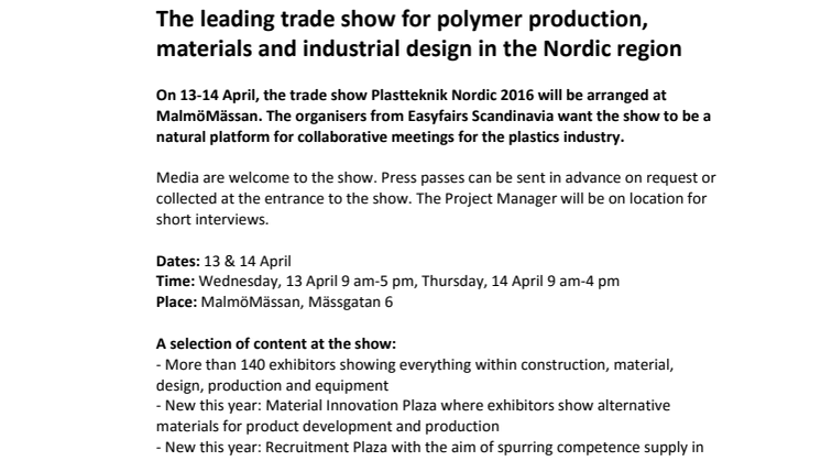 PRESS INVITATION: The leading trade show for polymer production, materials and industrial design in the Nordic region 
