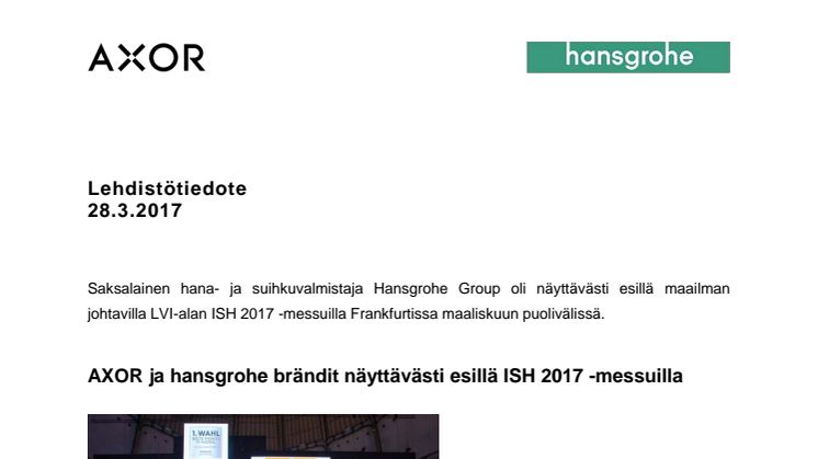 Hansgrohe Group näyttävästi esillä LVI-alan ISH 2017 -messuilla Frankfurtissa