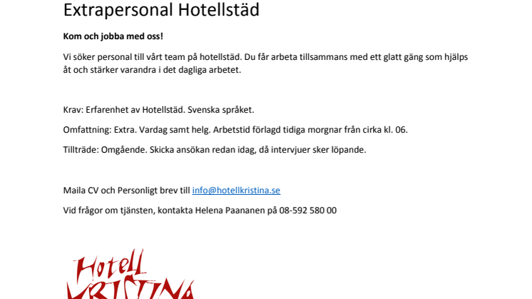 Hotell Kristina söker extrapersonal till Hotellstäd