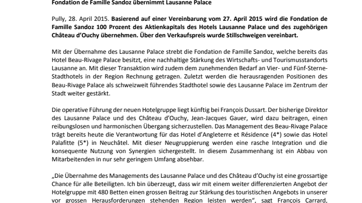 Die "Fondation de Famille Sandoz" übernimmt das Lausanne Palace 