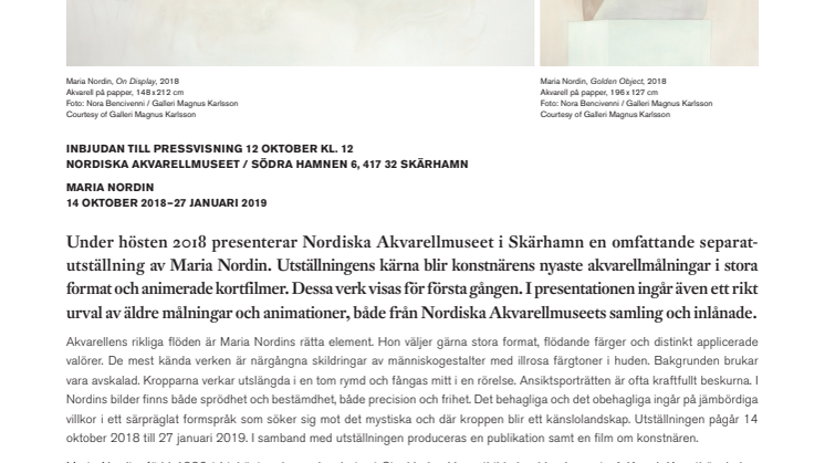 Pressvisning / Maria Nordin 12 oktober kl. 12 / Nordiska Akvarellmuseet