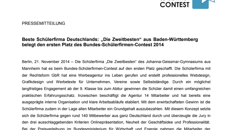 Beste Schülerfirma Deutschlands: „Die Zweitbesten“ aus Baden-Württemberg belegt den ersten Platz des Bundes-Schülerfirmen-Contest 2014