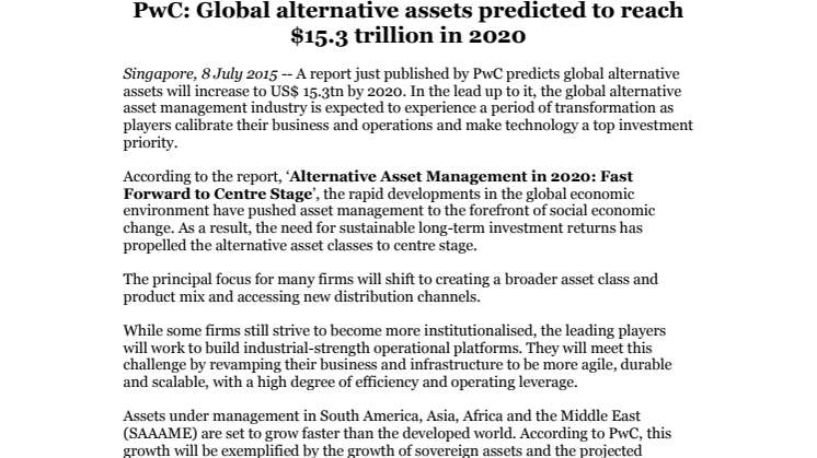 ​PwC: Global alternative assets predicted to reach $15.3 trillion in 2020