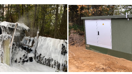 Mit Unterstützung von SH Netz wurde die ausgebrannte Ortsnetzstation in Ellerau durch eine neue Station ersetzt. Fotos: Stadtwerke Quickborn GmbH