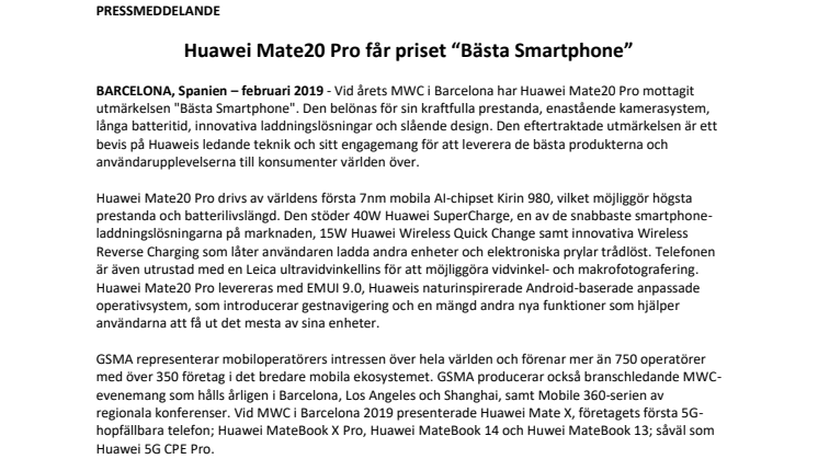 Huawei Mate20 Pro får priset “Bästa Smartphone” 