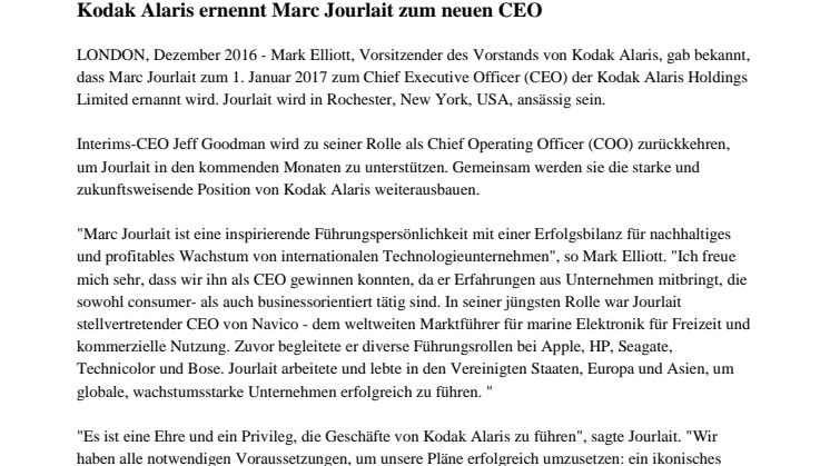 Kodak Alaris ernennt Marc Jourlait zum neuen CEO