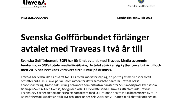 Svenska Golfförbundet förlänger avtalet med Traveas i två år till