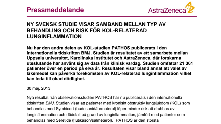 NY SVENSK STUDIE VISAR SAMBAND MELLAN TYP AV BEHANDLING OCH RISK FÖR KOL-RELATERAD LUNGINFLAMMATION