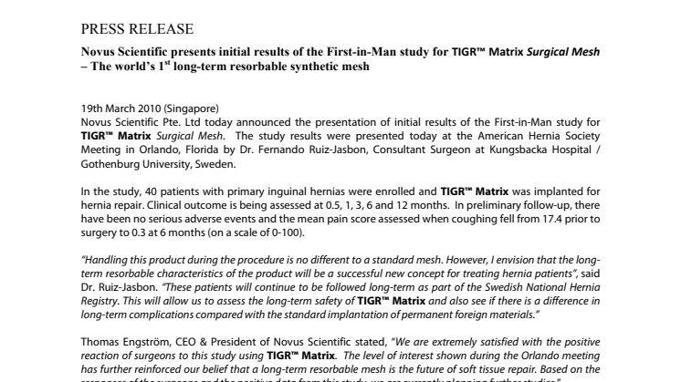 Novus Scientific presents initial results of the First-in-Man study for TIGR® Matrix Surgical Mesh – The world’s 1st long-term resorbable synthetic mesh