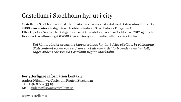 Castellum i Stockholm hyr ut i city 