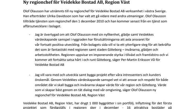 Ny regionchef för Veidekke Bostad AB, Region Väst