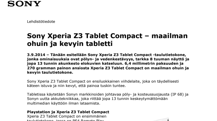 Xperia Z3 Tablet Compact 