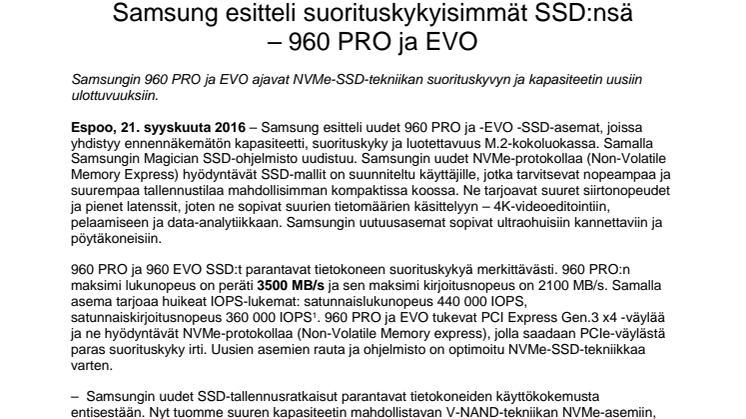 Samsung esitteli suorituskykyisimmät SSD:nsä – 960 PRO ja EVO