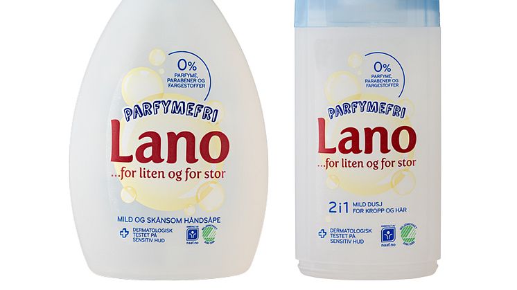 ​Folkefavoritten Lano har nå kommet med svanemerkede versjoner av håndsåpe og dusjsåpe: Uten parfyme, parabener og andre stoffer vi gjerne vil unngå.  