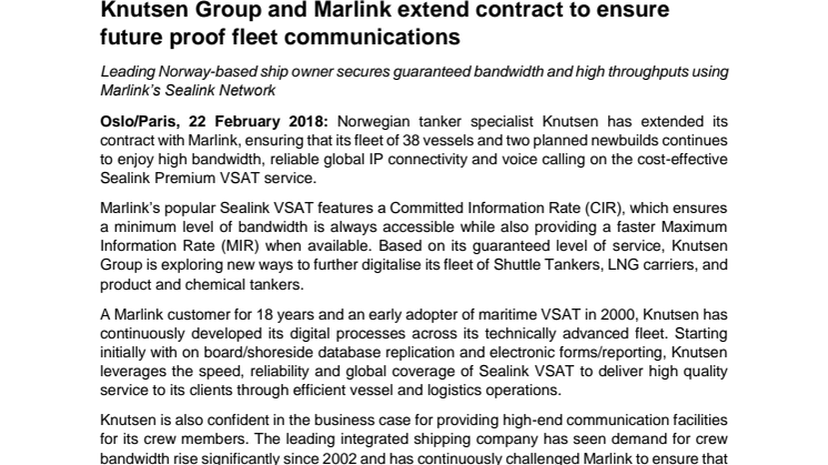 Knutsen Group and Marlink extend contract to ensure future proof fleet communications