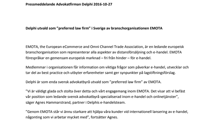 Delphi utvald som ”preferred law firm” i Sverige av branschorganisationen EMOTA