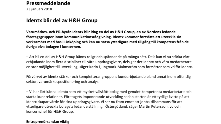 Identx blir del av H&H Group 