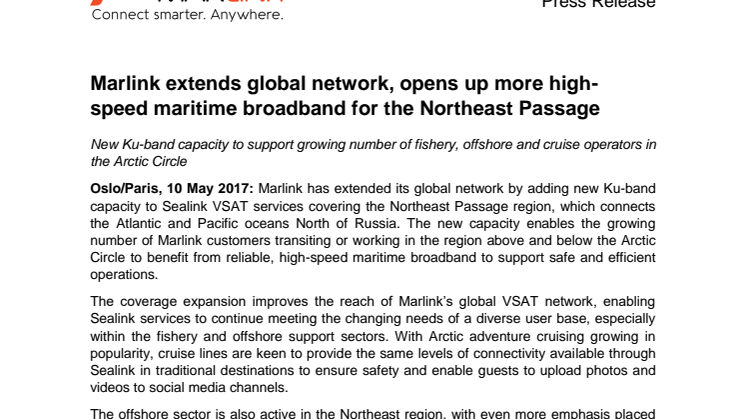 Marlink: Marlink extends global network, opens up more high-speed maritime broadband for the Northeast Passage